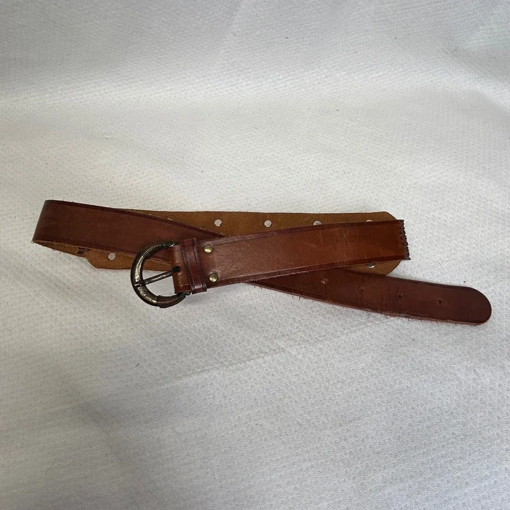 Vintage Brown Leather Concho Belt Ornate Oval Medallions Western Boho ART 028